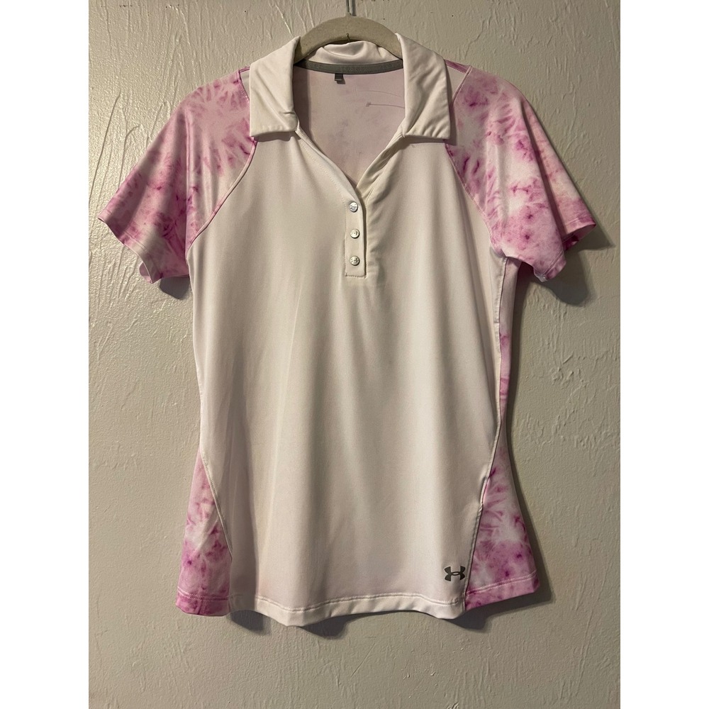 Under Armour Golf Polo Shirt Womens White Pink Tie Dye HeatGear‎ Short Sleeve S
